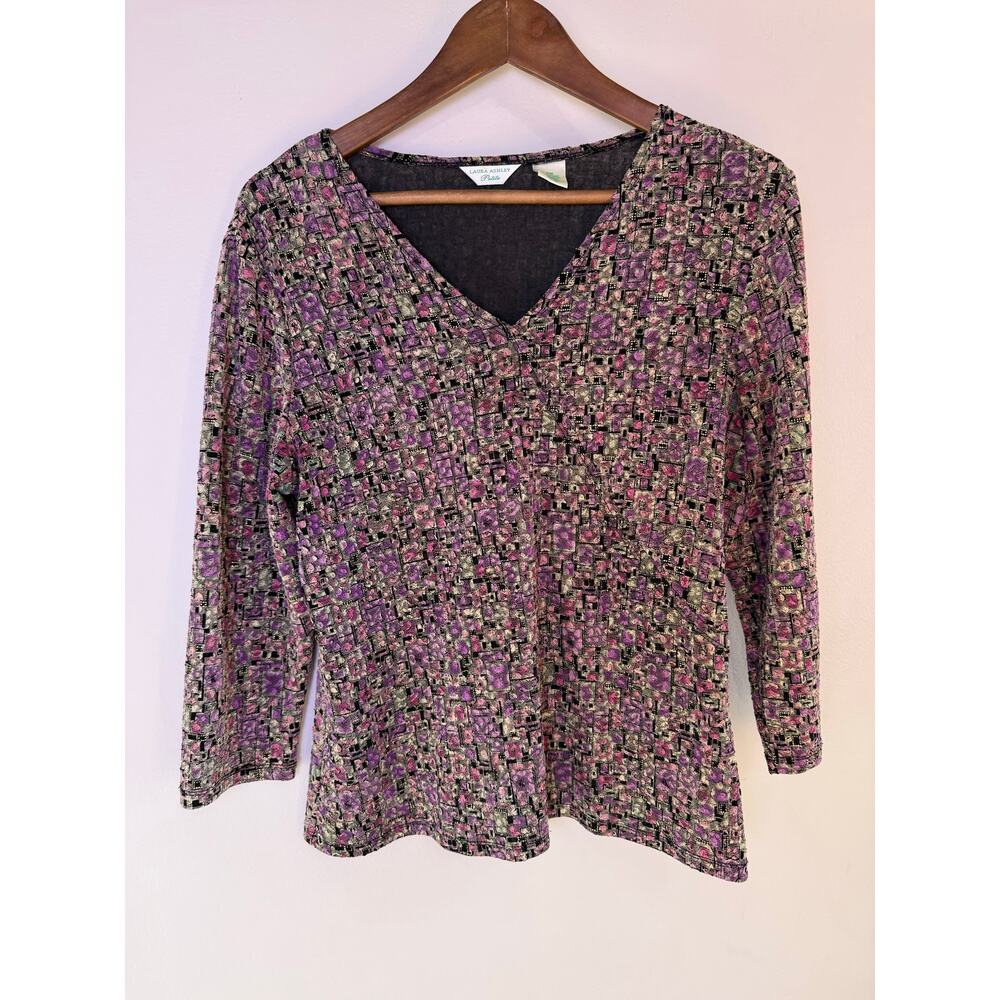 Vintage Laura Ashley Petite Purple Floral 3/4 Sleeve V Neck Top PM